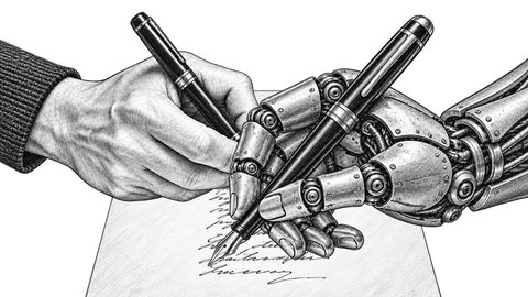 A pencil drawing of a human hand and a robot hand, each holding a fountain pen over the same handwritten page.
