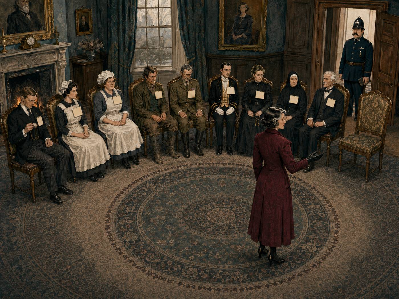 Nine seated witnesses along a wall with cards pinned to their chests, the inspector standing over the last of them, and one empty chair beside him.