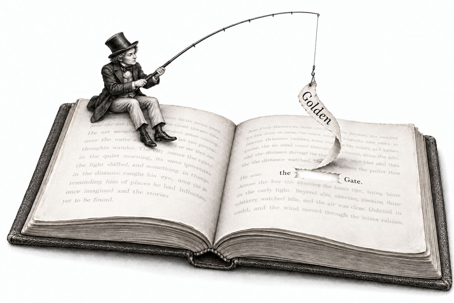 An engraving of a small gentleman in a top hat and frock coat, seated on the edge of a huge open book with a fishing rod. His line drops to the right-hand page, where the hook has lifted the word &ldquo;Golden&rdquo; out of a line of print. A torn gap sits between &ldquo;the&rdquo; and &ldquo;Gate.&rdquo; where the word was.