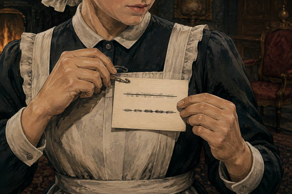 A hand pinning a written card to a dress. The first line on the card is struck through and a second line is written under it.
