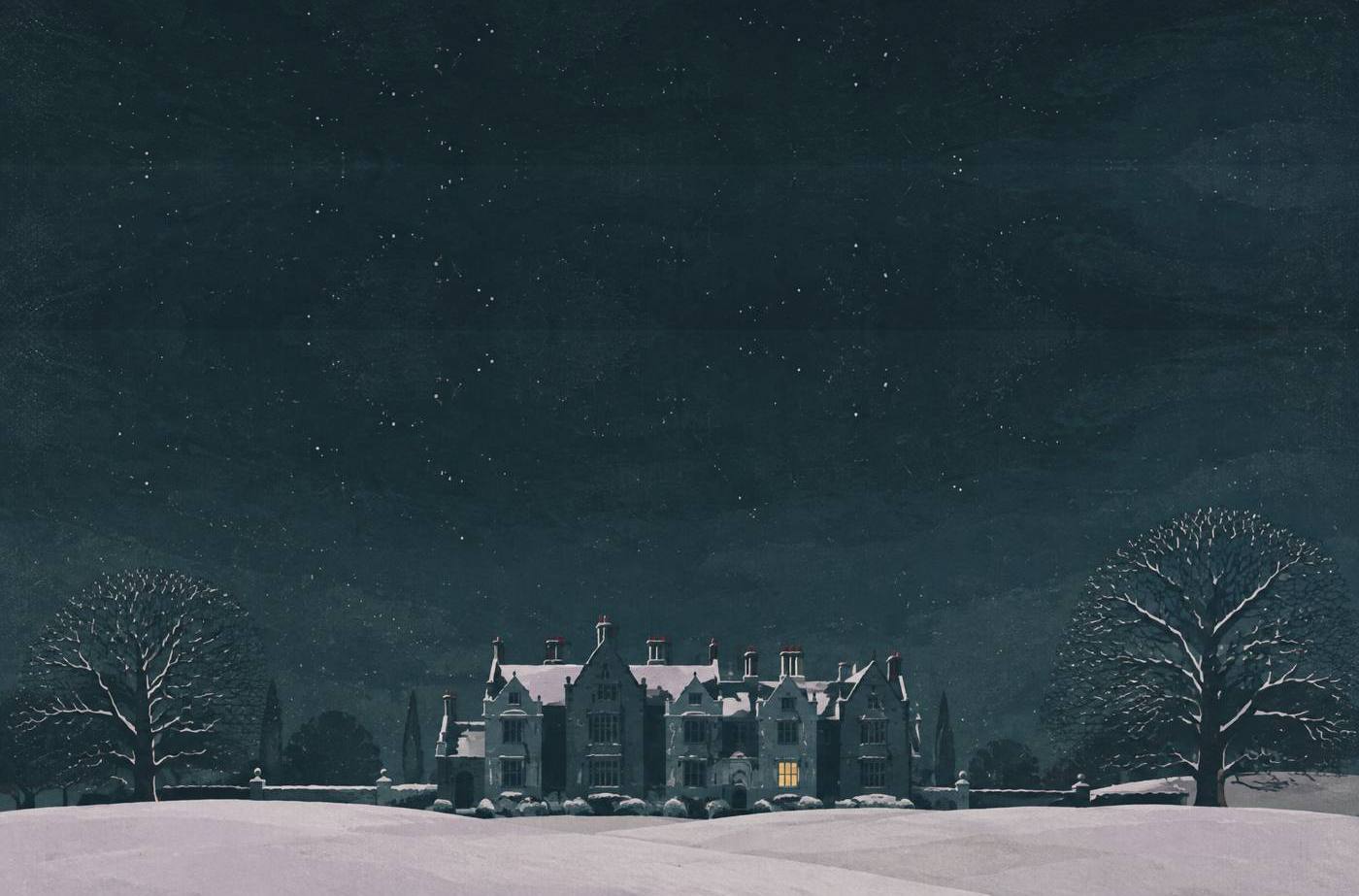 Harrow Manor on the night of the first snow, seen across a white lawn between two bare trees. One window on the ground floor is still lit.