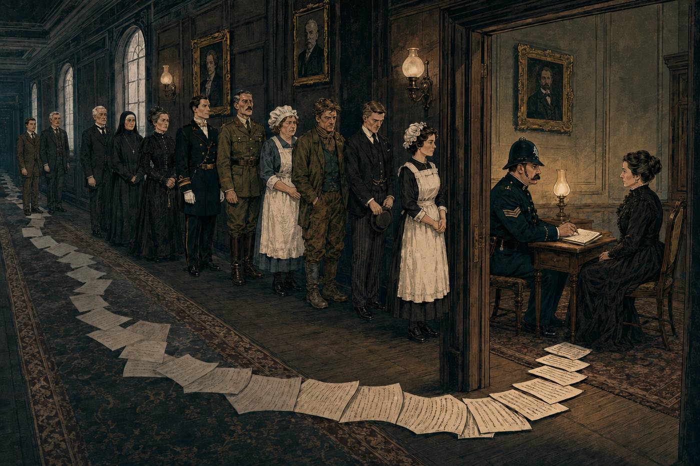 A long dark corridor. One witness is going in at the far door while the others wait on chairs along the wall, and loose pages trail back along the floor behind the constable.