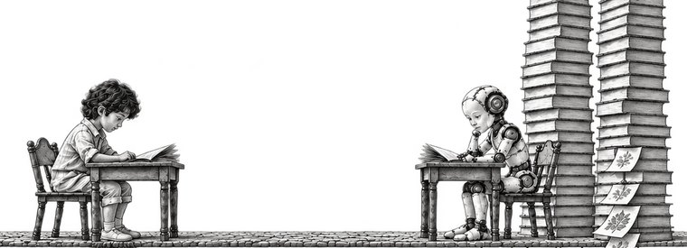 A pencil drawing of a boy and a small robot, each reading at a desk. Tall stacks of paper rise beside the robot.