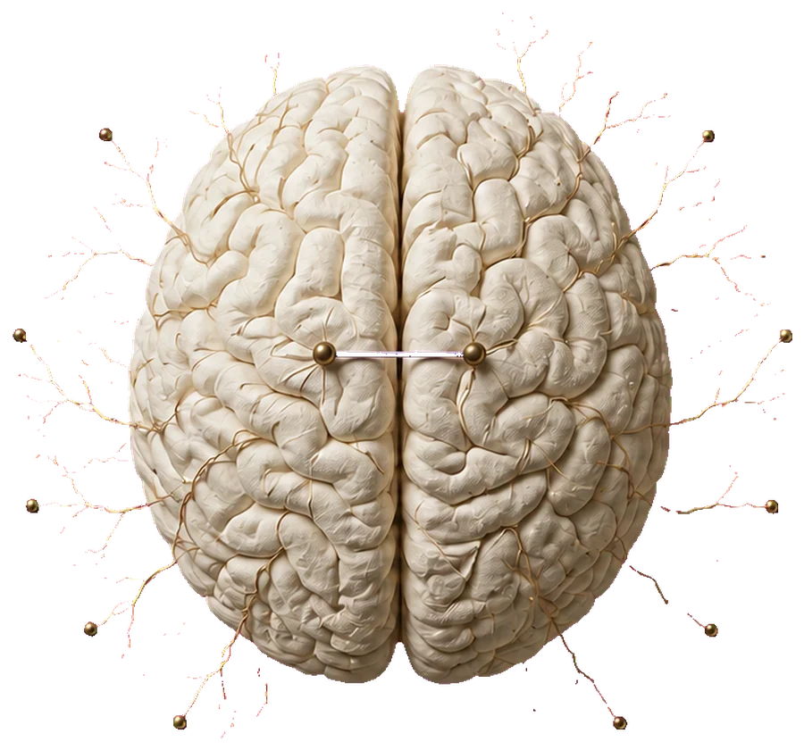 A pale human brain in the dark, with fine gold threads running out of it.