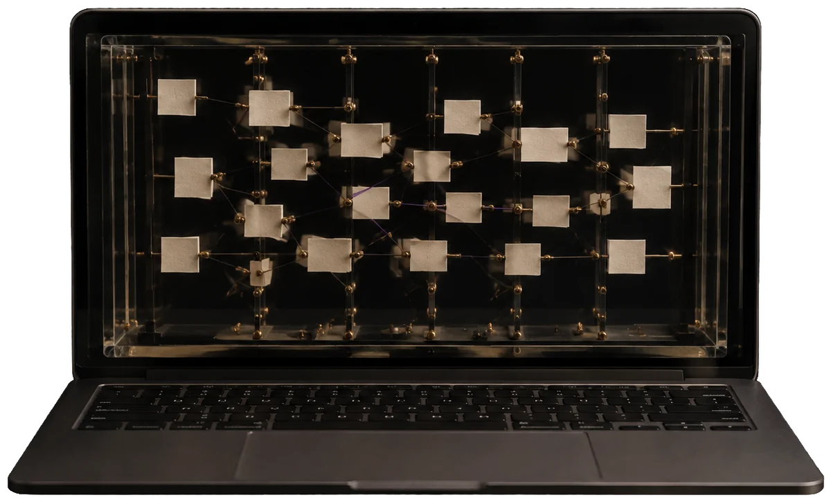 An open laptop in the dark. Where the screen would be there is a glass lattice of small paper cards joined by gold wires, the same lattice as in the picture at the top.