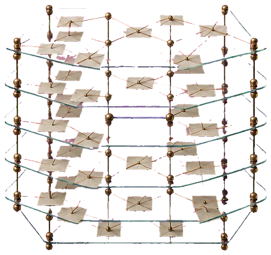 A stack of upright glass sheets carrying small paper cards, joined into a lattice by fine gold wires, standing in the dark.