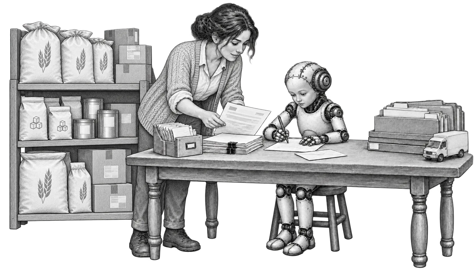 In All You Knead’s order office, beside shelves of flour sacks, sugar bags and boxed stock, Dusty Miller hands a printed email to a small robot, who writes a reply.