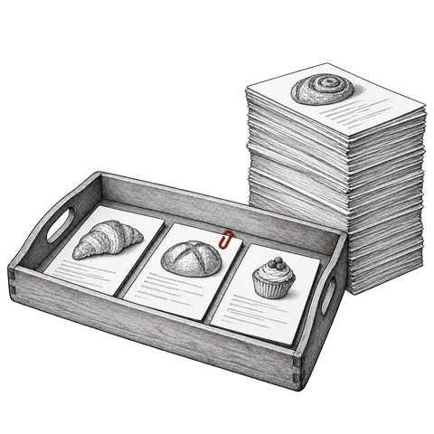 A small tray holds a few selected cards beside a taller stack of papers.