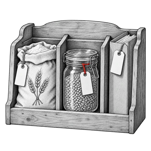 A small pantry shelf sorts a flour sack, grain jar and order folder into separate compartments.