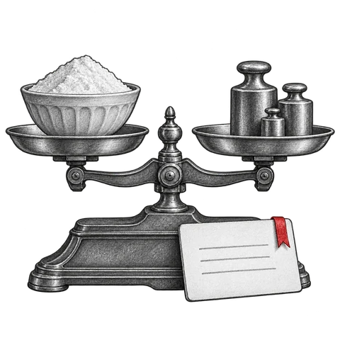 A kitchen scale and a recipe card suggest measuring by one agreed recipe.