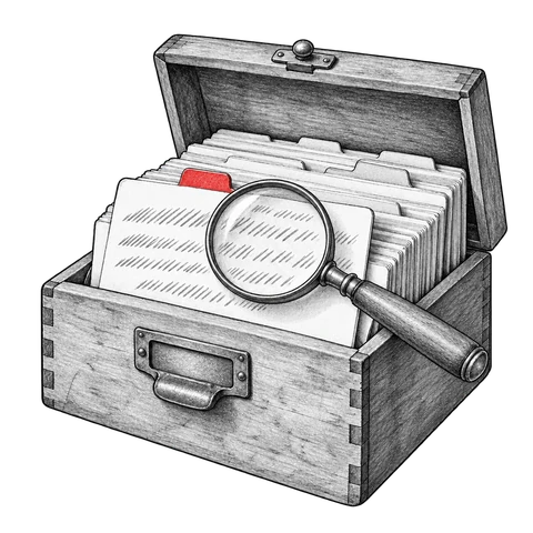 A magnifying glass rests over one selected recipe card pulled from a filing box.
