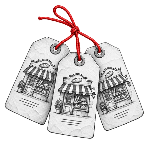 Three record tags with the same bakery emblem are tied together with one red thread.