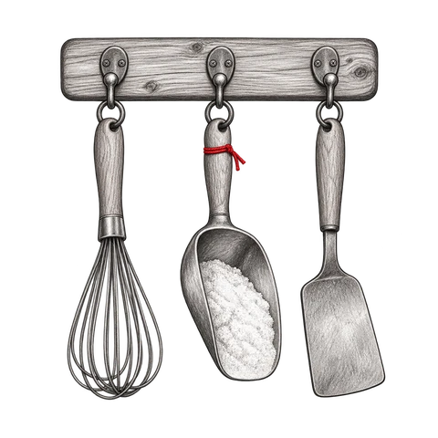 A tidy utensil rack holds a whisk, scoop and spatula on matching hooks.