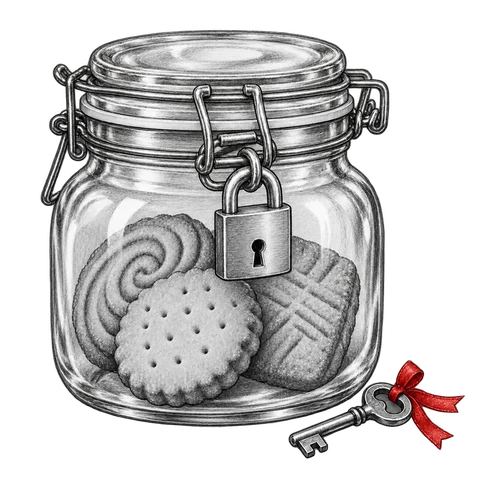 A glass biscuit jar is secured with a clasp, with its key resting beside it.