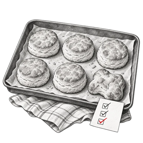 A baking tray holds five neat biscuits and one misshapen biscuit beside a checking card.
