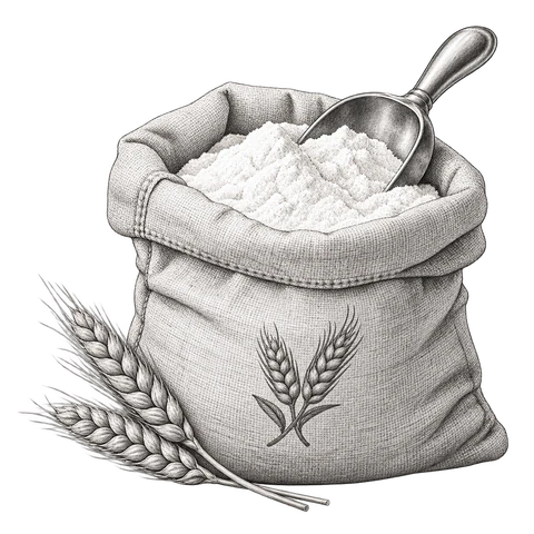 An open flour sack with a scoop and two ears of rye.