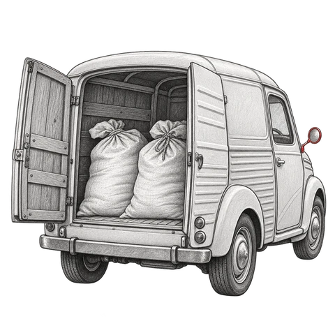 A small delivery van carries flour sacks visible through its open rear door.