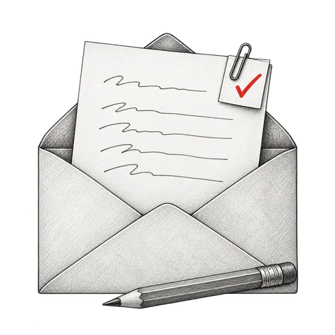 A tidy letter rests in an open envelope with a small red checkmark on a clipped review slip.