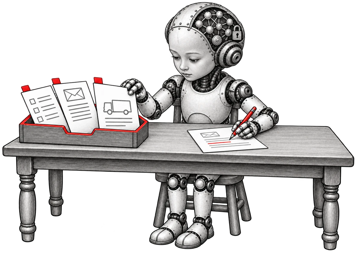 A small robot with a padlock on the gears inside its head takes papers from a red tray and writes a reply with a red pencil.