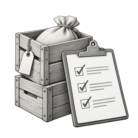 A clipboard with a checklist leans on two supply crates.