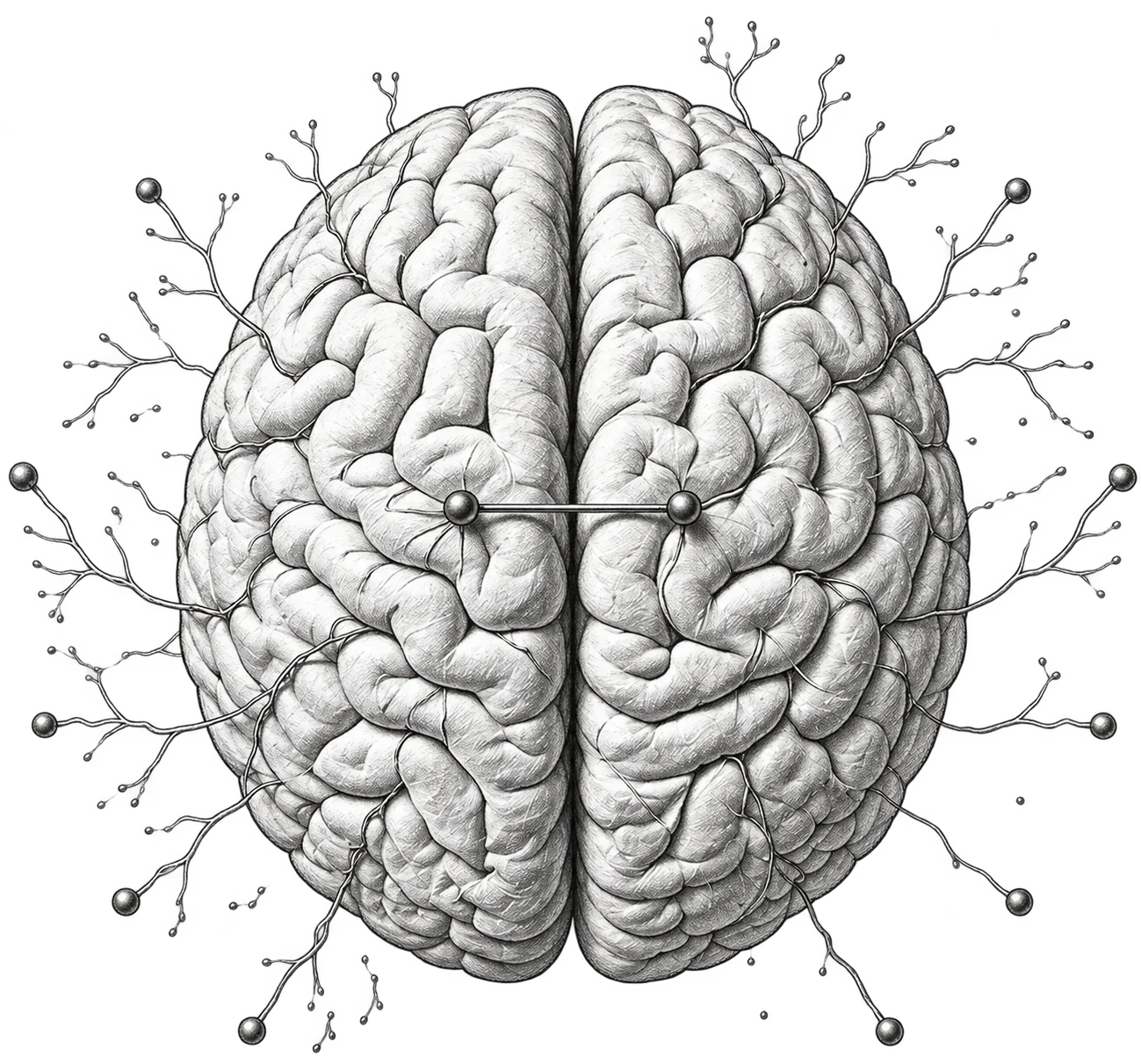 A human brain seen from above, pale, with thin gold wires branching out from it.