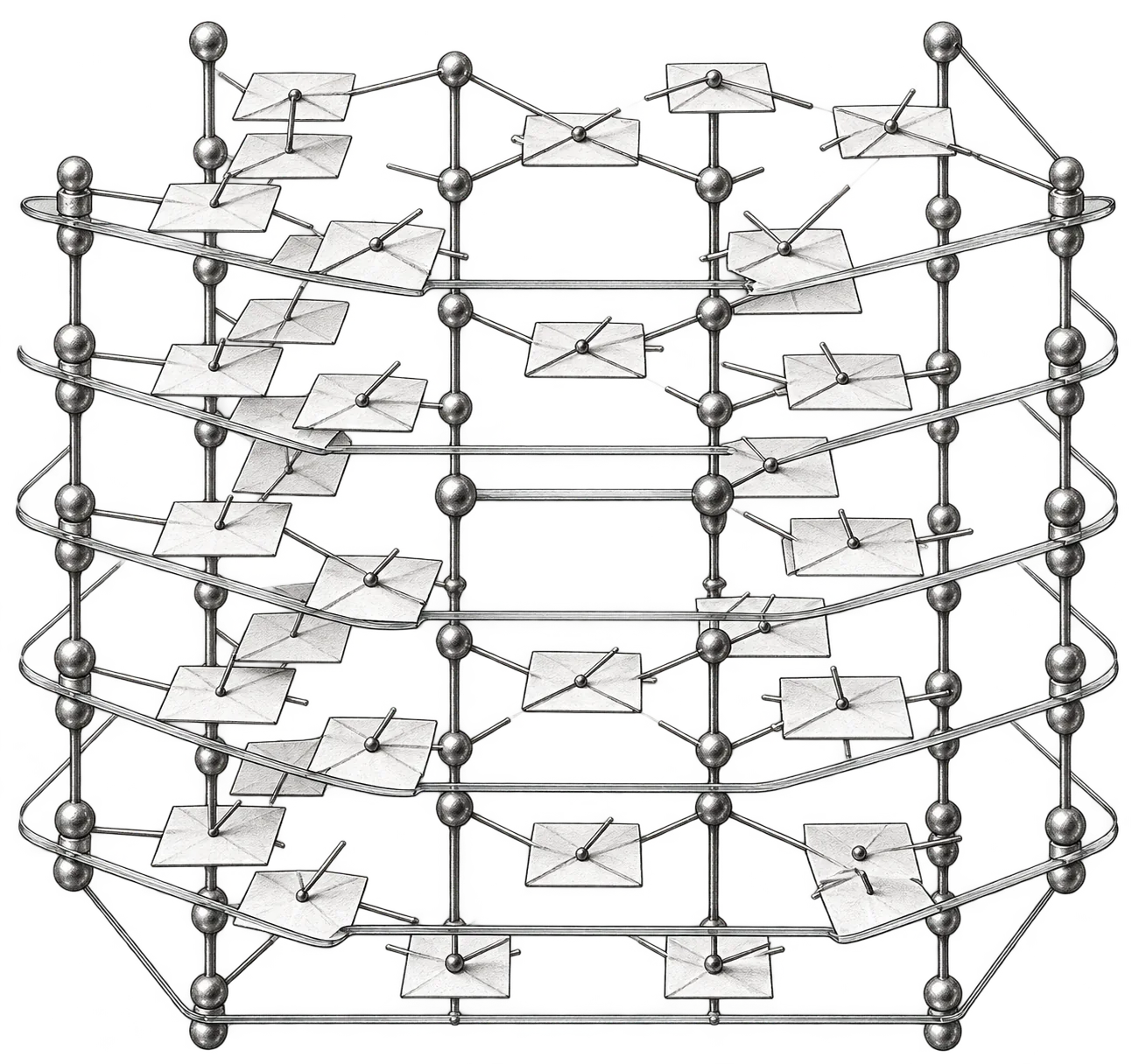 A lattice of small paper cards on glass shelves, joined by gold pins.