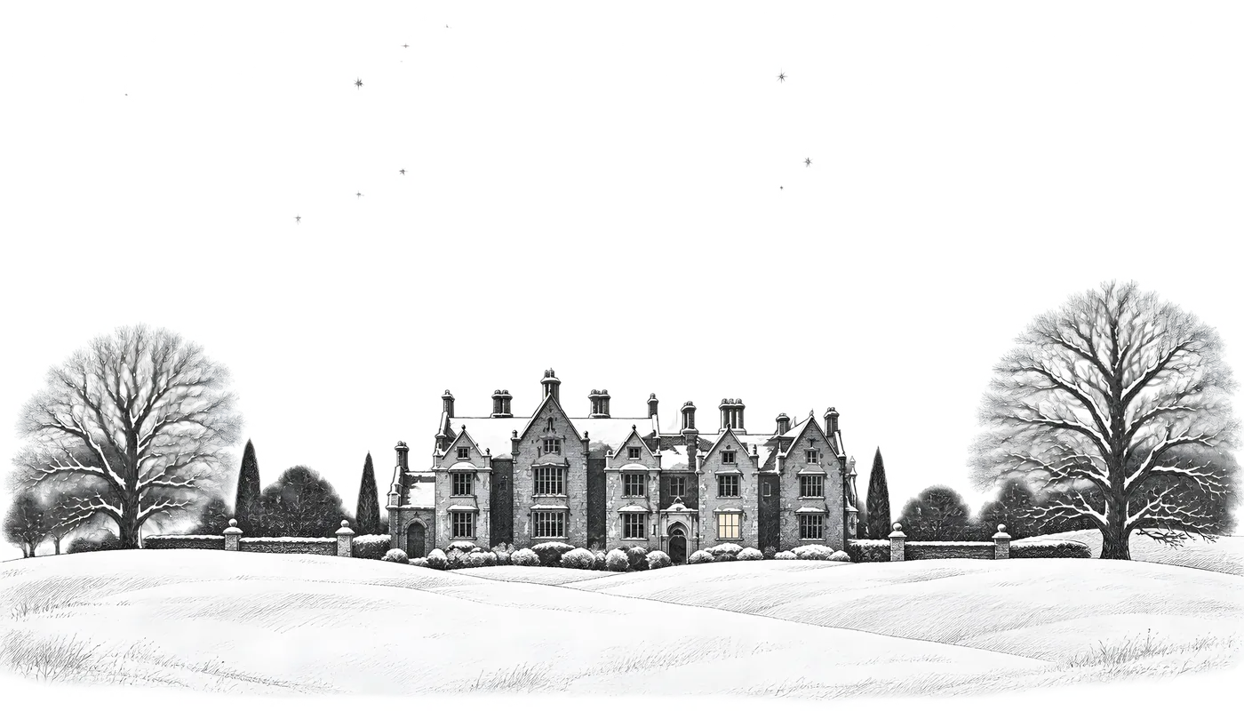 Harrow Manor at night in falling snow, one study window lit warm.