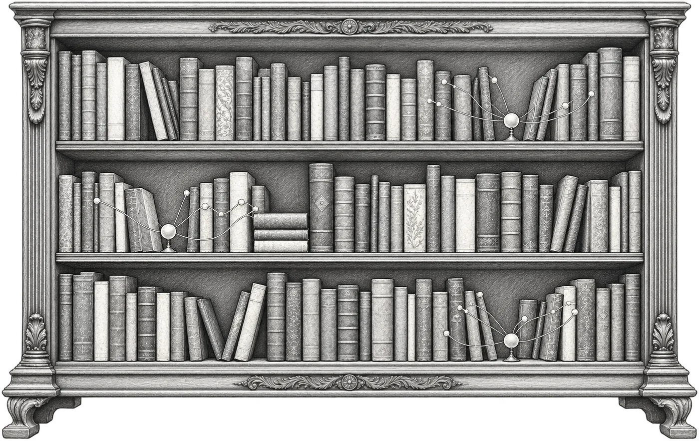 A dark wooden bookcase of three shelves of old books, with a thread of small gold lights strung between some of them.