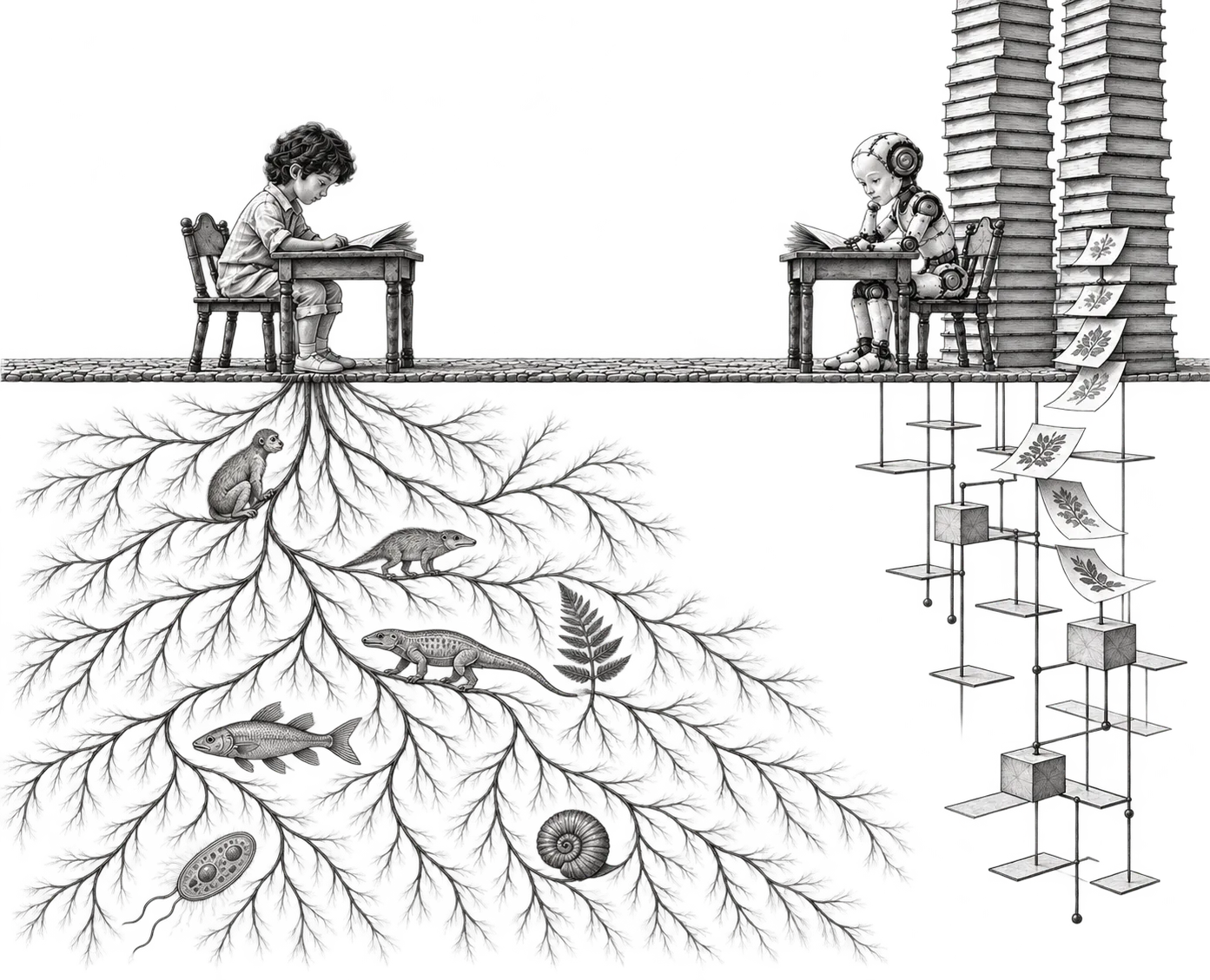 A child and a small robot read at matching desks. Roots spread from under the child’s desk through soil full of fossils, and pages from two tall stacks of books flow down into a metal scaffold under the robot’s.